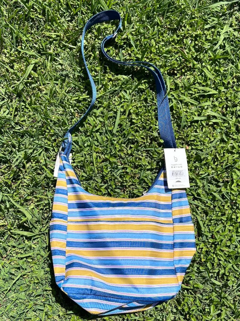 BNWT Baggallini Blue Green Striped Shoulder Strap Crossbody Purse w/Pink Liner